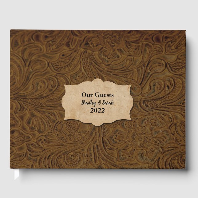 Rustic Brown Tooled Leather (Faux) Personalized Guest Book (Front)