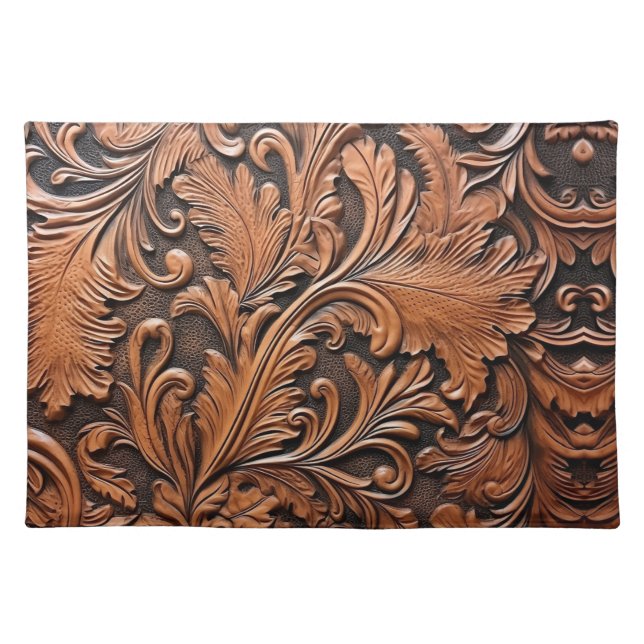 Rustic brown tooled leather floral cloth placemat (Front)
