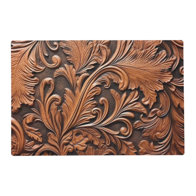 Rustic brown tooled leather floral placemat (Front)