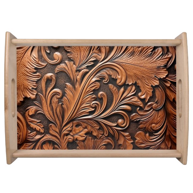 Rustic brown tooled leather floral serving tray (Front)