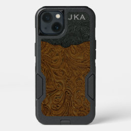 Rustic Brown Tooled Leather Personalized iPhone 13 Case