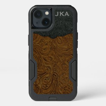 Rustic Brown Tooled Leather Personalized Iphone 13 Case by RiverJude at Zazzle