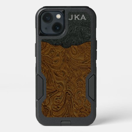 Rustic Brown Tooled Leather Personalized Iphone 13 Case