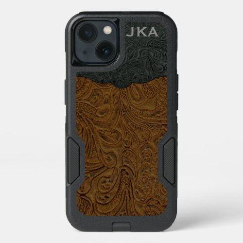 Rustic Brown Tooled Leather Personalized iPhone 13 Case