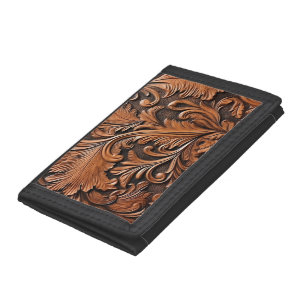 Rustic brown tooled leather tri-fold wallet