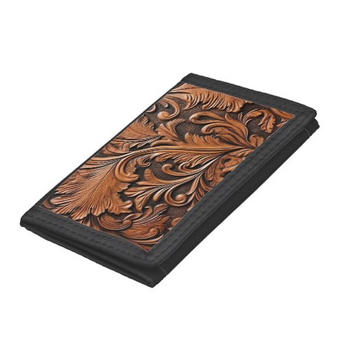 Rustic brown tooled leather trifold wallet