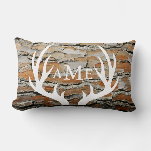 Rustic Brown Tree Bark Country Deer Antlers Lumbar Pillow (Front)