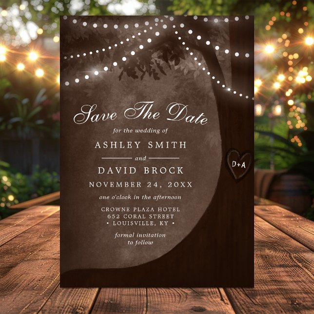 Rustic Brown Tree Carved Initials String Of Lights Save The Date (Creator Uploaded)