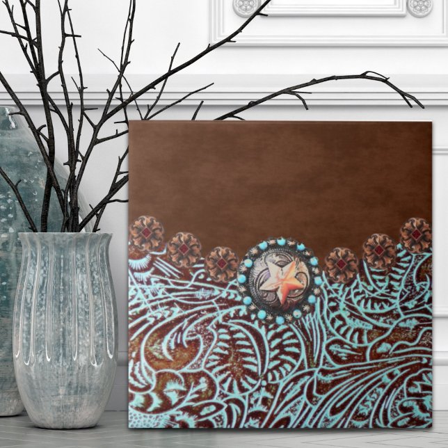 Rustic Brown Turquoise Cowboy  Western Country  Ceramic Tile (Rustic Brown Turquoise Cowboy Western Country Ceramic Tile)