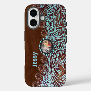 Rustic Brown Turquoise Cowboy Western Country iPhone 16 Case