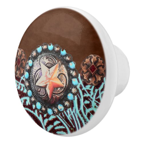 Rustic Brown Turquoise Cowboy Western Country Star Ceramic Knob