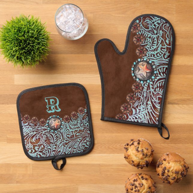 Rustic Brown Turquoise Western Country Monogram  Oven Mitt & Pot Holder Set (Top Down)