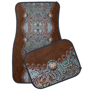 Rustic brown turquoise western country pattern car floor mat