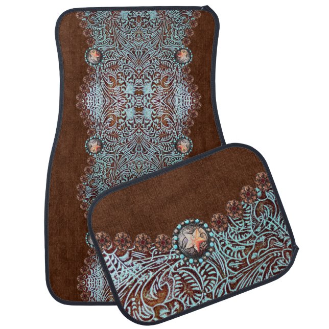 Rustic brown turquoise western country pattern  car floor mat (Set)