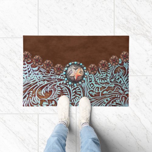 Rustic brown turquoise western country pattern  doormat