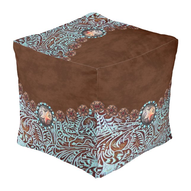 Rustic brown turquoise western country pattern  pouf (Angled Back)