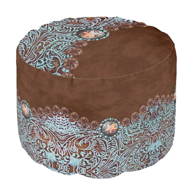 Rustic brown turquoise western country pattern  pouf (Angled Front)