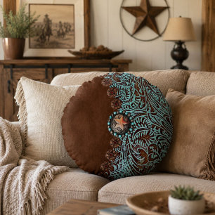 Rustic brown turquoise western country pattern  round pillow