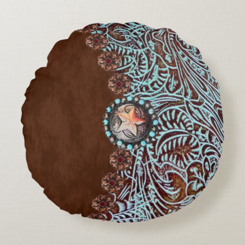 Rustic brown turquoise western country pattern  round pillow