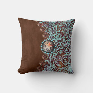 Rustic brown turquoise western country pattern  throw pillow