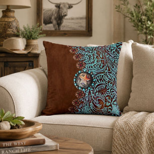 Rustic brown turquoise western country pattern  throw pillow