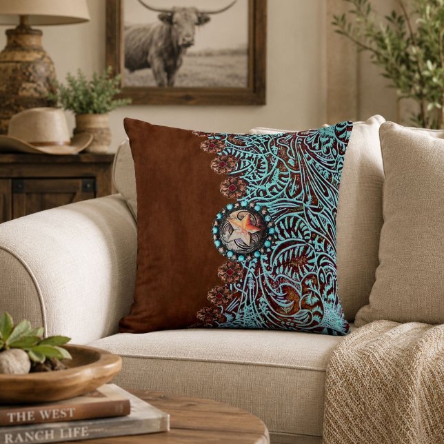 Rustic brown turquoise western country pattern  throw pillow (Rustic brown turquoise western country pattern throw pillow)