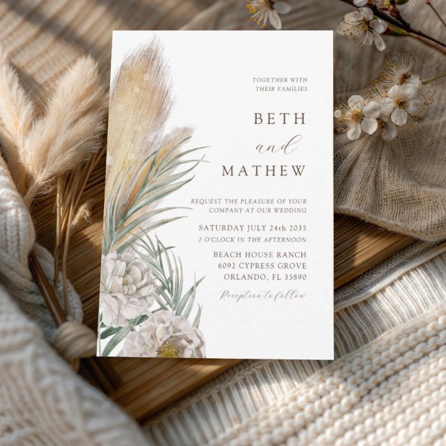 Rustic Brown Typography Pampas Wedding  Invitation (Creator Uploaded)