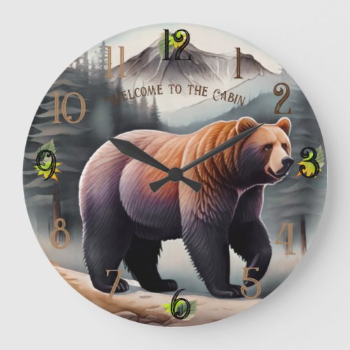 Rustic Brown Watercolor Bear Large Clock