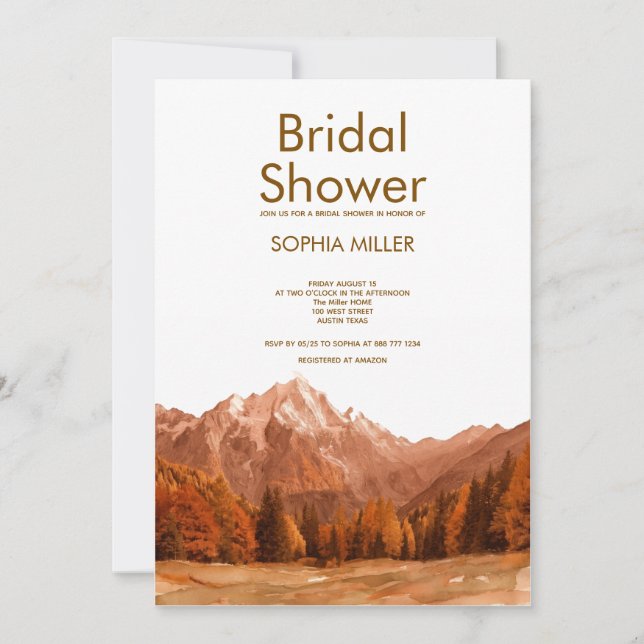 rustic brown watercolor mountain bridal shower  invitation (Front)