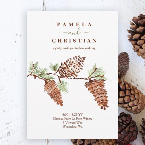 Rustic Brown Watercolor Pinecones Wedding Invitation