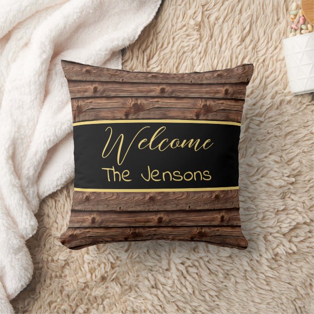 Rustic Brown Weathered Faux Wood Welcome Throw Pillow (Blanket)