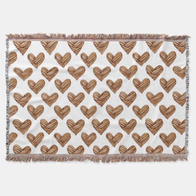 Rustic Brown Weave Hearts Birthday Throw Blanket (Front)