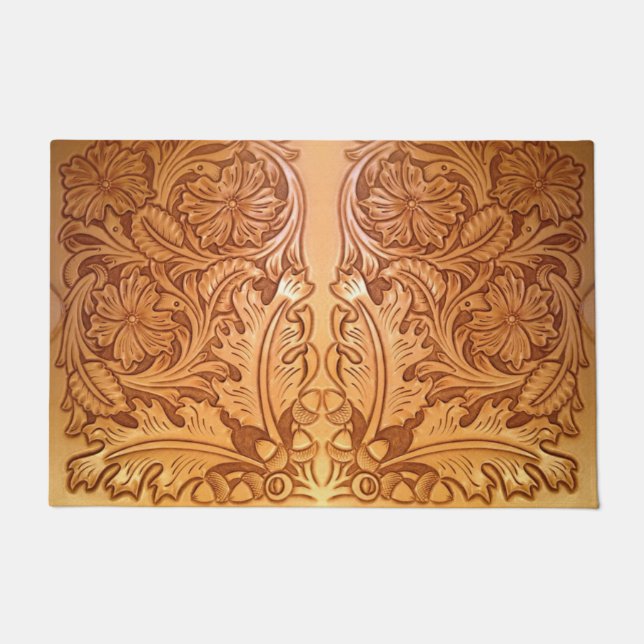 Rustic brown western country leather print doormat (Front)