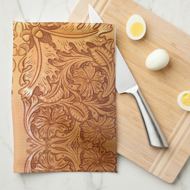 Rustic brown western country leather print kitchen towel (Quarter Fold)