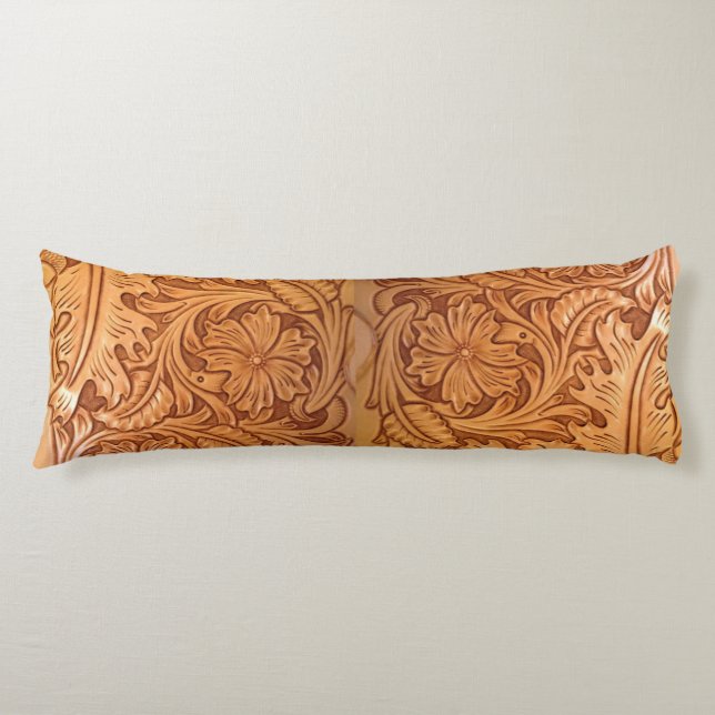 Rustic brown western country tooled leather body pillow (Front)