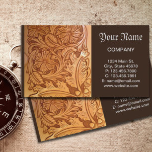 Rustic brown western country tooled leather business card