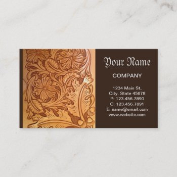 Rustic Brown Western Country Tooled Leather Business Card by WhenWestMeetEast at Zazzle