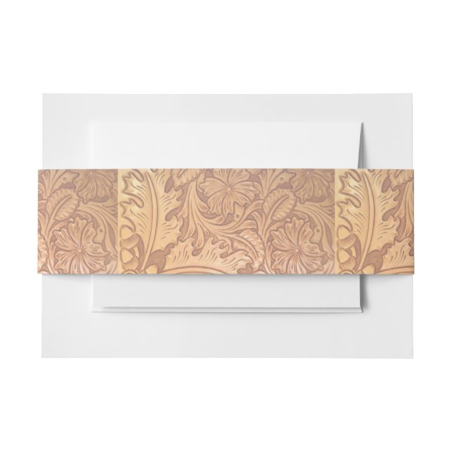 Rustic brown western country tooled leather invitation belly band (Front Example)