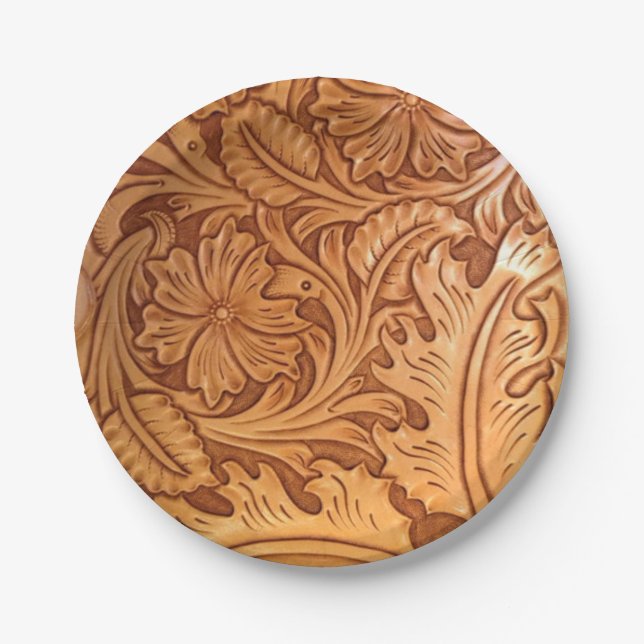 Rustic brown western country tooled leather paper plates (Front)