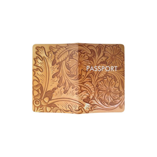 Rustic brown western country tooled leather passport holder (Opened)