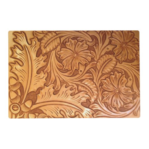 Rustic brown western country tooled leather placemat