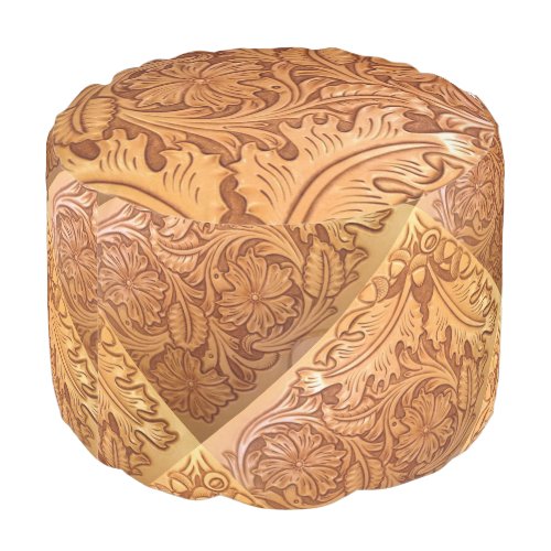 Rustic brown western country tooled leather pouf