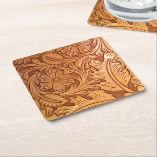 Rustic brown western country tooled leather square paper coaster