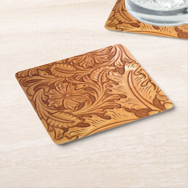Rustic brown western country tooled leather square paper coaster (Angled)