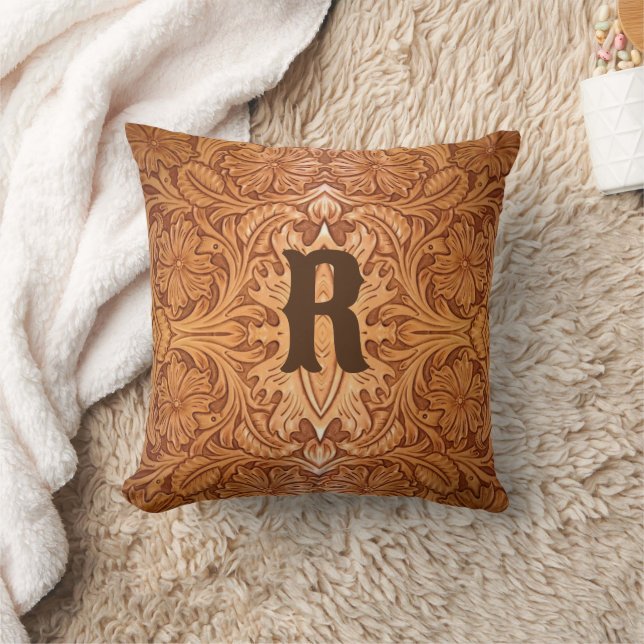 Rustic brown western country tooled leather throw pillow