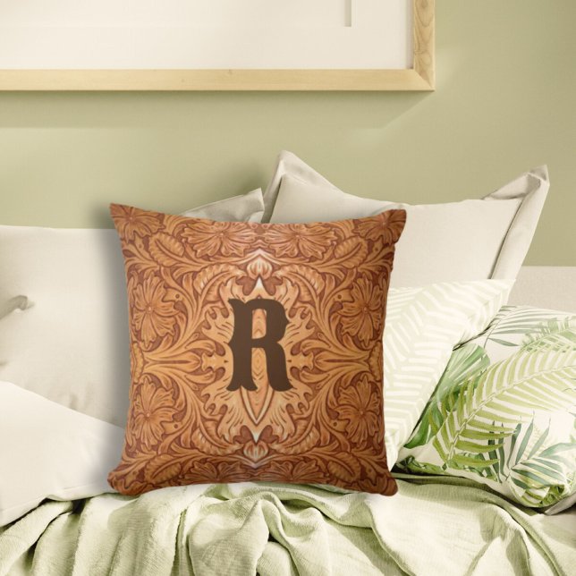 Rustic brown western country tooled leather throw pillow (Creator Uploaded)
