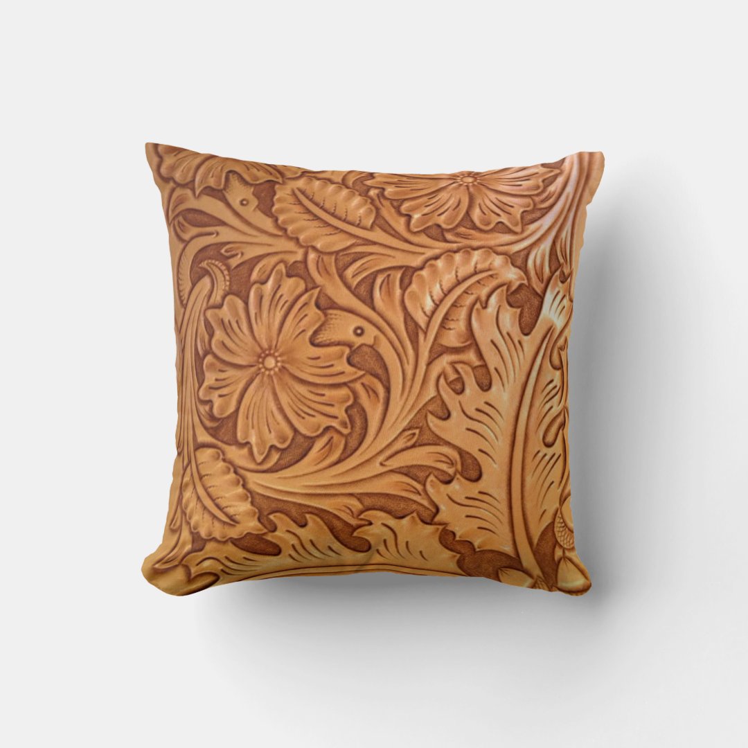 Rustic brown western country tooled leather throw pillow | Zazzle