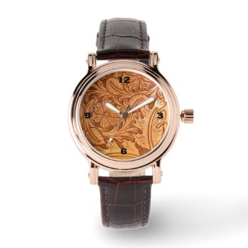 Rustic Brown Western Country Tooled Leather Watch by WhenWestMeetEast at Zazzle