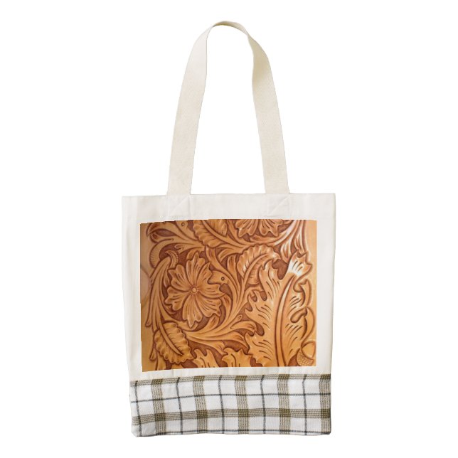 Rustic brown western country tooled leather zazzle HEART tote bag (Front)