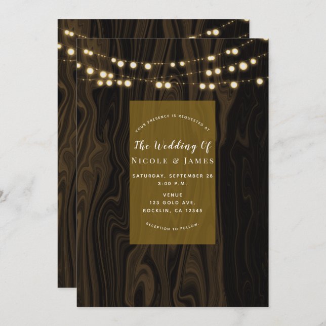 Rustic Brown Whimsical Wood String Lights Wedding Invitation (Front/Back)